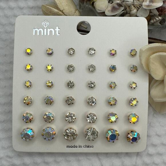 Aurora Borealis Rhinestone Stud Earring Set 18 Pairs - NEW on Card - Never Worn - Picture 1 of 6